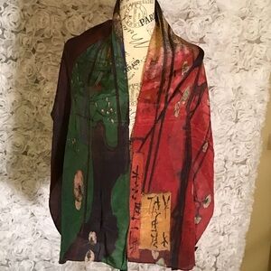 Artistic Multicolor Green Rust Brown 100% Silk Handmade Scarf